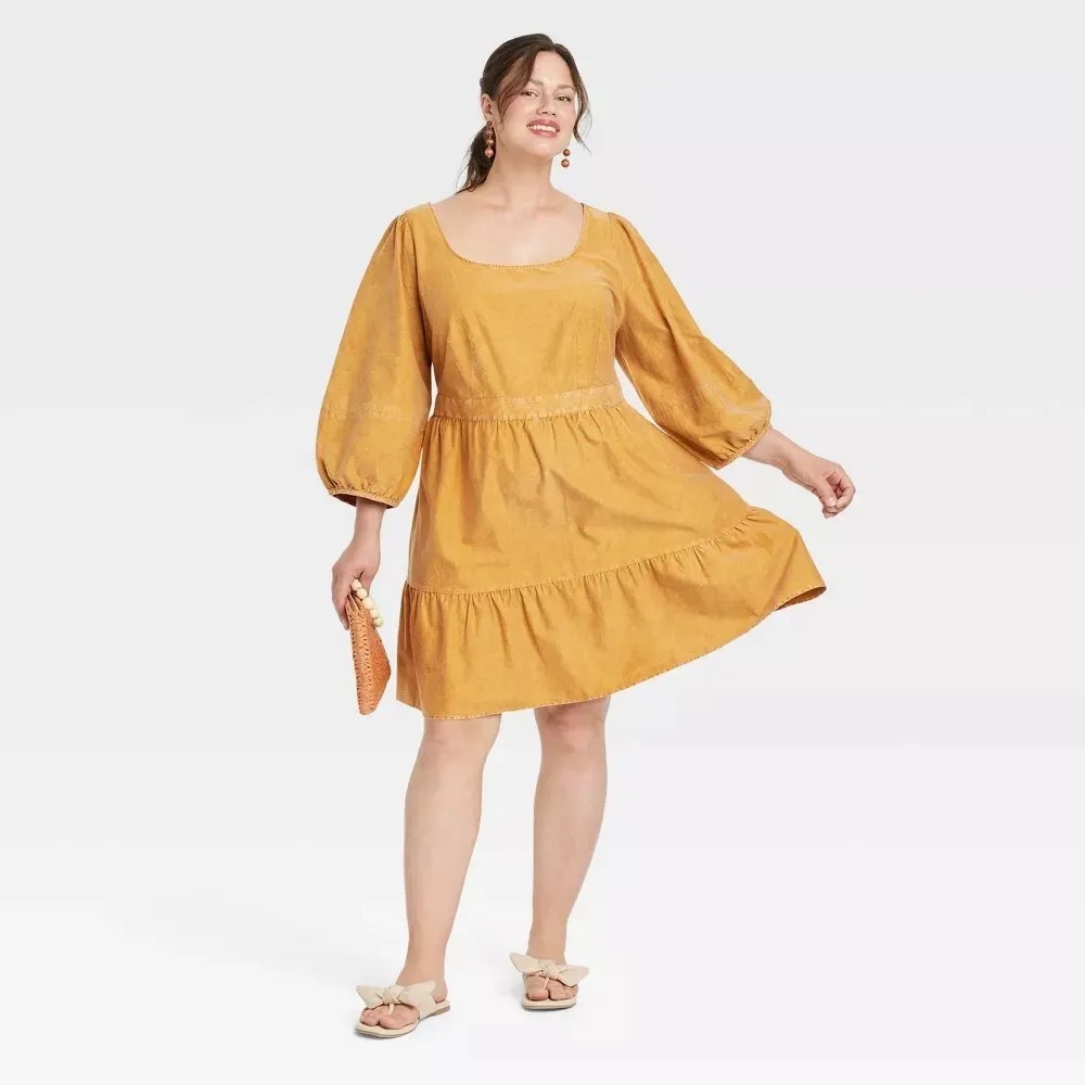 Ava & Viv Plus Size Balloon 3/4 Sleeve A-Line Dress- Mustard